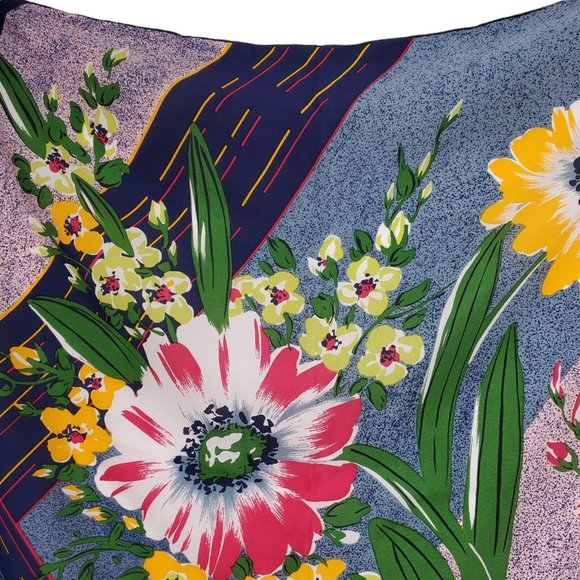 Silk Scarf Shawl Bold Floral Geometric Navy Blue Multicolor  Hand Rolled 35" - Picture 3 of 9